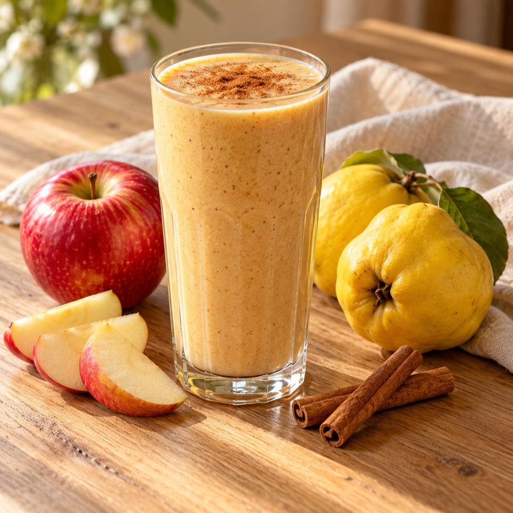 Almás fahéjas birs smoothie rusztikus asztalon Almás fahéjas birs smoothie rusztikus asztalon