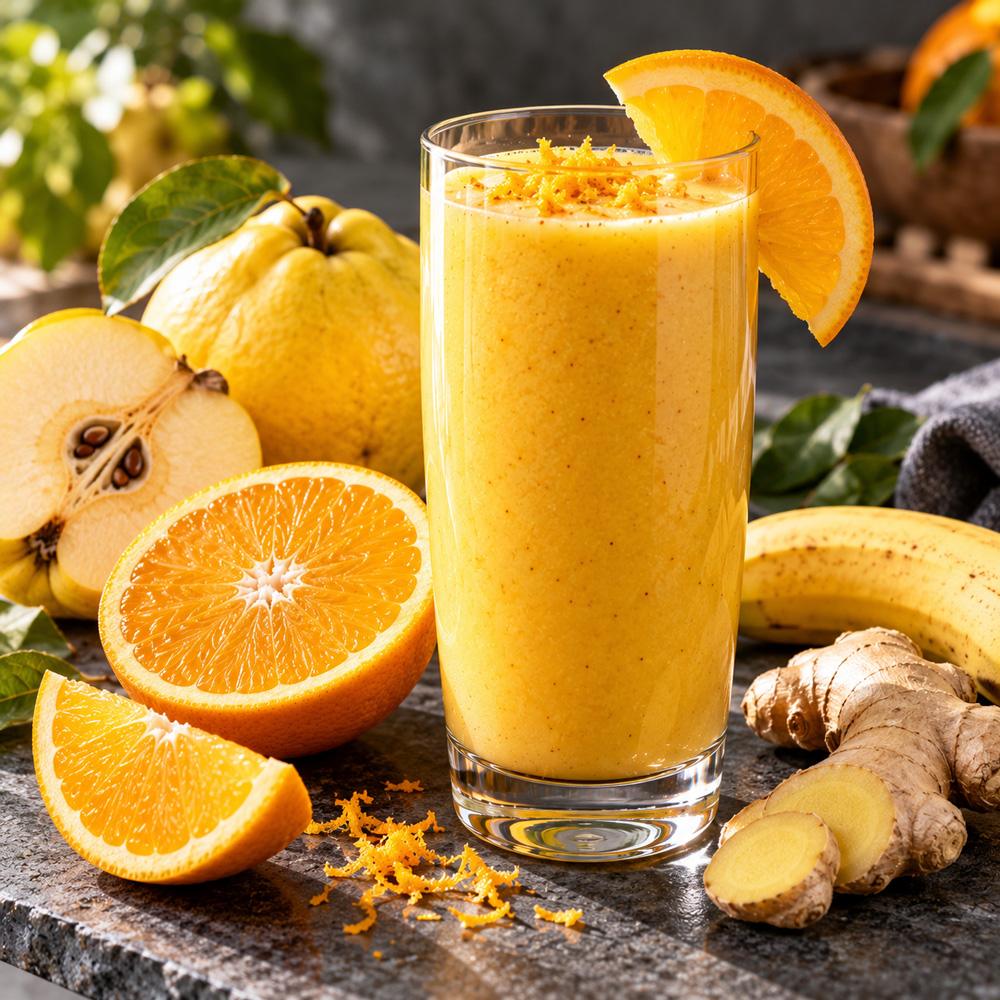 Citrusos quincés gyömbérsmoothie rusztikus tálalásban Citrusos quincés gyömbérsmoothie rusztikus tálalásban